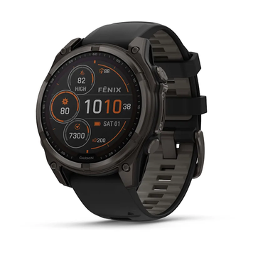 Garmin Fenix 8 &ndash; 47 mm Solar Sapphire Carbon Gray DLC Titanium with Black/Pebble Gray Silicone Band 010-02906-10 фото